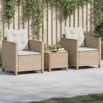 Set bistro cu perne, 3 piese, bej, poliratan și lemn acacia GartenMobel Dekor