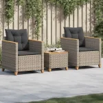Set bistro cu perne, 3 piese, gri, poliratan și lemn acacia GartenMobel Dekor