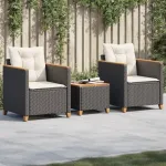 Set bistro cu perne, 3 piese, negru, poliratan și lemn acacia GartenMobel Dekor