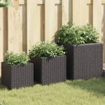 Jardiniere de grădină, 3 buc., negru, poliratan GartenMobel Dekor