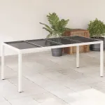 Masă grădină cu blat din sticlă, alb, 190x90x75 cm, poliratan GartenMobel Dekor