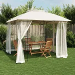 Foișor cu acoperiș dublu/pereți din plasă crem 2,94x2,94 m oțel GartenMobel Dekor