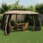 Foișor cu acoperiș dublu/pereți din plasă taupe 3,93x2,93m oțel GartenMobel Dekor