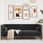 Canapea Chesterfield cu pernuțe/3 locuri, negru, catifea GartenMobel Dekor