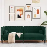 Canapea Chesterfield cu pernuțe/3 locuri, verde închis, catifea GartenMobel Dekor