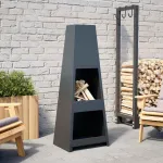 Șemineu de exterior, magazie de bușteni, negru design turn oțel GartenMobel Dekor