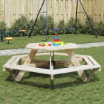 Masă de picnic pentru 6 copii cu bănci lemn masiv brad, hexagon GartenMobel Dekor