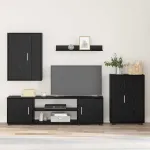 Set comodă TV Pe perete 4 pcs Stejar Negru Lemn compozit GartenMobel Dekor