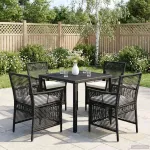 Scaun pentru exterior cu pernă 4 pcs Negru și Crem poliratan GartenMobel Dekor