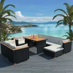 Set mobilier de grădină cu perne, 10 piese, negru, poliratan GartenMobel Dekor