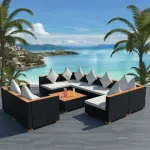 Set mobilier de grădină cu perne, 9 piese, negru, poliratan GartenMobel Dekor