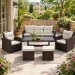 Set mobilier de grădină 7 piese cu canapea, fotolii și masă, ratan PE