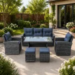 Set mobilier de grădină 7 piese cu canapea, fotolii, tabureți și masă, gri