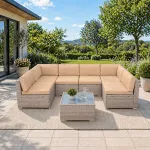 Set mobilier de gradina modular 7 piese, technoratan bej, masa sticla