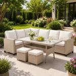 Set mobilier de grădină Cesme 4 piese cu colțar, masă și 2 tabureți, bej