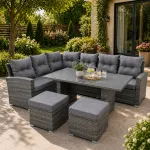 Set mobilier de grădină colțar 4 piese cu masă și 2 tabureți, ratan PE, gri