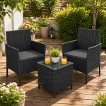 SONGMICS Set mobilier gradina cu 2 locuri, 2 scaune si masa cu sticla, ratan PE, negru si gri