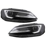 Faruri LED DRL Dual Beam Lens VW Jetta Mk6 VI (2011-2017) RHD Bi-Xenon Design cu Semnal Dinamic Secvential Negru Performance AutoTuning