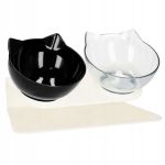 Castron, bol, pentru caine, pisica, dublu, cu suport, plastic, alb si negru, model pisica, 2x13 cm GartenVIP DiyLine