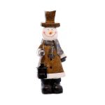 Decoratiune iarna, ceramica, om de zapada cu felinar, loc pentru lumanare, maro si alb, 20x15x54 cm, Chomik GartenVIP DiyLine