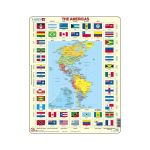Puzzle maxi America de Nord si America de Sud cu steaguri (limba engleza), orientare tip vedere, 70 de piese, Larsen EduKinder World