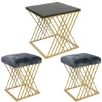 Set Masuta de Cafea cu 2 Tabureti Roma Deluxe, Blat din Granit Black Galaxy, Sezut Blana Naturala, Gri Antracit/Negru/Auriu