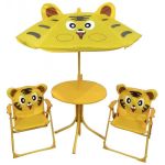 Set mobilier gradina/terasa pentru copii, pliabil, galben, model tigru, 1 masa cu umbrela, 2 scaune, Melisenda GartenVIP DiyLine