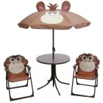 Set mobilier gradina/terasa pentru copii, pliabil, maro, model maimuta, 1 masa cu umbrela, 2 scaune, Melisenda GartenVIP DiyLine