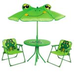 Set mobilier gradina/terasa pentru copii, pliabil, verde, model brosca, 1 masa cu umbrela, 2 scaune, Melisenda GartenVIP DiyLine