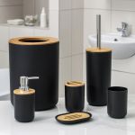 Set Elegant pentru baie format din 6 piese, ABS + lemn, culoare negru/maro FAVLine Selection