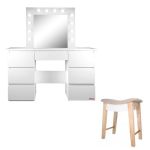 Masa de toaleta/machiaj + Taburet Vintage, alba, cu oglinda si LED-uri, Vanessa, 130x43x143 cm GartenVIP DiyLine