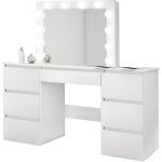 Masa de toaleta/machiaj, alb lucios, cu oglinda si LED-uri, Vanessa, 130x43x143 cm GartenVIP DiyLine