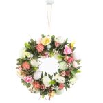 Coronita de Paste pentru Usa cu Oua, Flori si Ornamente Decorative, Diametru 30cm, Verde/Roz/Galben