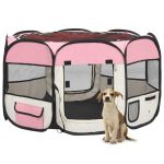 Țarc joacă pliabil câini cu sac de transport roz 110x110x58 cm GartenMobel Dekor