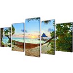 Set tablouri din pânză cu imprimeu plajă cu nisip și hamac, 200x100 cm GartenMobel Dekor