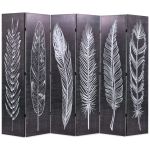 Paravan cameră pliabil, negru&alb, 228 x 170 cm, imprimeu pene GartenMobel Dekor