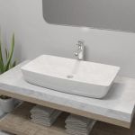 Chiuvetă de baie cu robinet mixer, ceramică, dreptunghiular alb GartenMobel Dekor