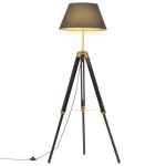 Lampă de podea trepied, negru și auriu, 141 cm, lemn masiv tec GartenMobel Dekor