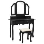 Set masă toaletă cu taburet negru 100x40x146 cm lemn paulownia GartenMobel Dekor