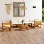 Set mobilier grădină cu perne, 7 piese, crem, lemn masiv acacia GartenMobel Dekor