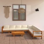 Set mobilier grădină perne alb crem, 9 piese, lemn masiv acacia GartenMobel Dekor