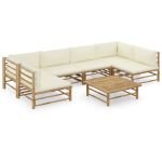Set mobilier de grădină cu perne alb crem, 7 piese, bambus GartenMobel Dekor