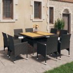 Set mobilier grădină, 9 piese, negru, poliratan și lemn acacia GartenMobel Dekor
