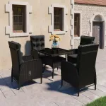 Set mobilier grădină, 5 piese, negru, poliratan și sticlă GartenMobel Dekor