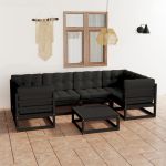 Set mobilier grădină cu perne, 7 piese, negru, lemn masiv pin GartenMobel Dekor