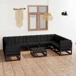 Set mobilier grădină cu perne, 10 piese, negru, lemn masiv pin GartenMobel Dekor