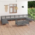 Set mobilier de grădină, 12 piese, gri, lemn masiv de pin GartenMobel Dekor