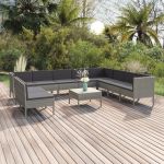 Set mobilier de grădină cu perne, 11 piese, gri, poliratan GartenMobel Dekor