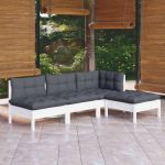 Set mobilier grădină cu perne, 4 piese, alb, lemn de pin GartenMobel Dekor