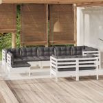 Set mobilier de grădină cu perne, 9 piese, alb, lemn masiv pin GartenMobel Dekor